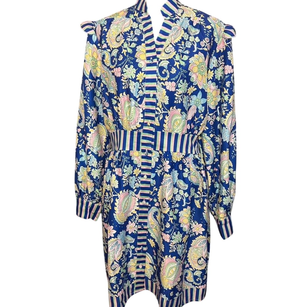 Sunday Up Paisley Flounce Dress Blue Multi Stripe Ruffle Mini Large SDUH-D7241-3